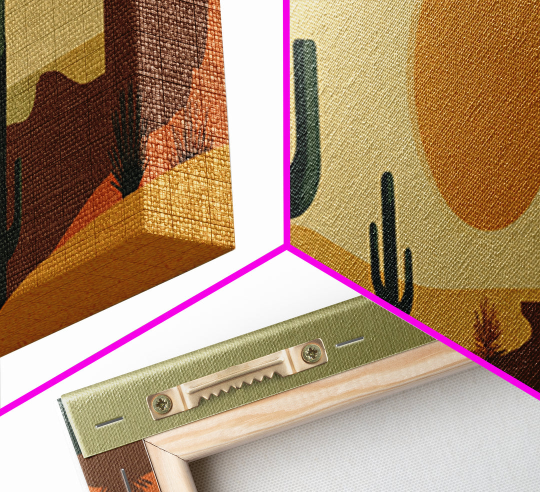 Retro Desert Cactus Scene With Orange Sun And Mesas Canvas Print, Mid Century Modern Wall Art, Southwest Decor Poster Print