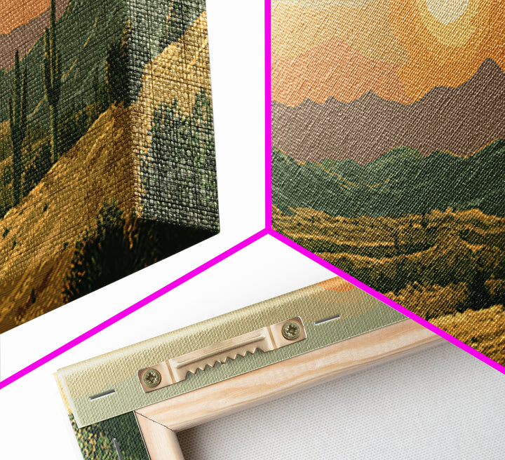 Golden Desert Valley Sunset With Saguaros And Mountains Wall Art, Southwest Landscape Print, Midcentury Modern Home Decor