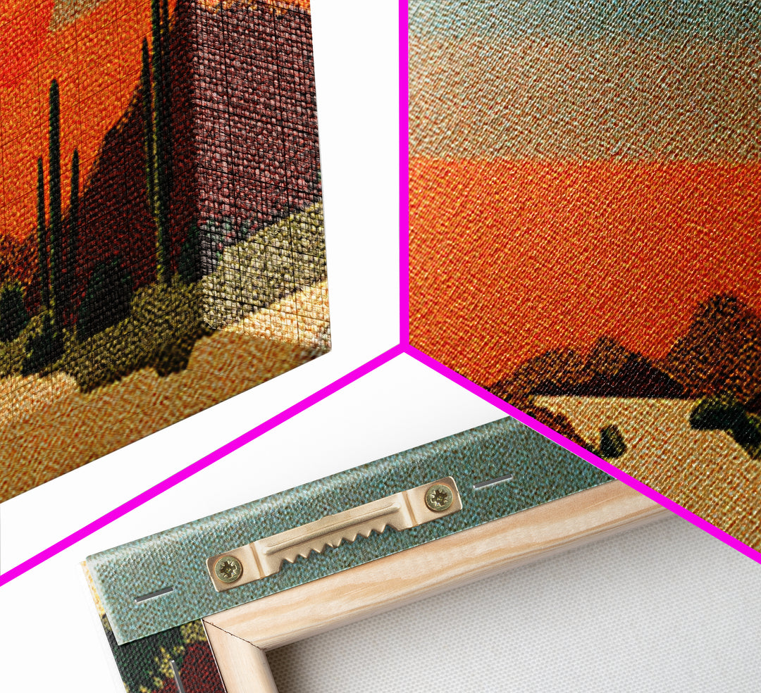 Textured Saguaro Desert With Orange Sun And Rust Mountains Canvas Print, Retro Wall Art, Midcentury Modern Southwest Decor