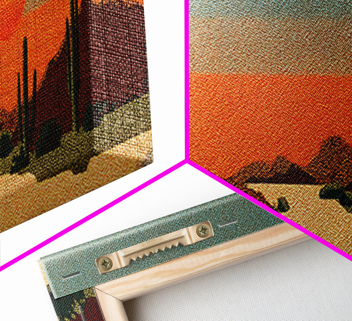 Textured Saguaro Desert With Orange Sun And Rust Mountains Canvas Print, Retro Wall Art, Midcentury Modern Southwest Decor