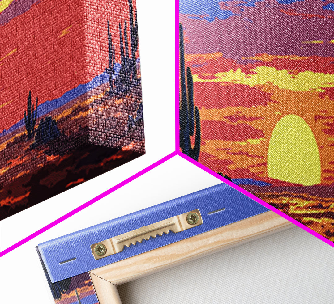 Purple Desert Sunset With Tall Saguaro Cacti And Low Sun Framed Canvas Print, Retro Wall Art, Colorful Southwest Home Decor