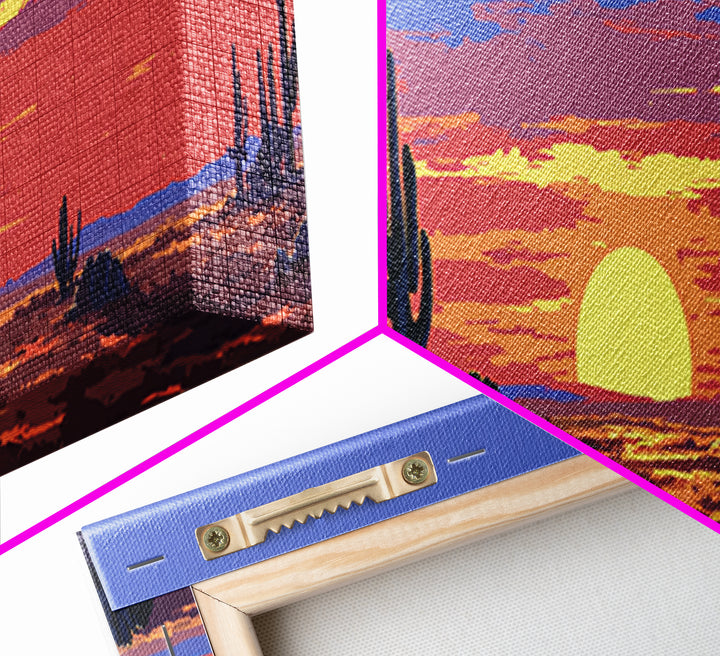 Purple Desert Sunset With Tall Saguaro Cacti And Low Sun Framed Canvas Print, Retro Wall Art, Colorful Southwest Home Decor