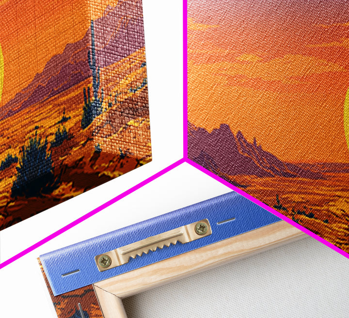 Vibrant Desert Sunset With Blue Cacti And Golden Sky Wall Art, Retro Art Print, Colorful Southwest Living Room Decor Poster