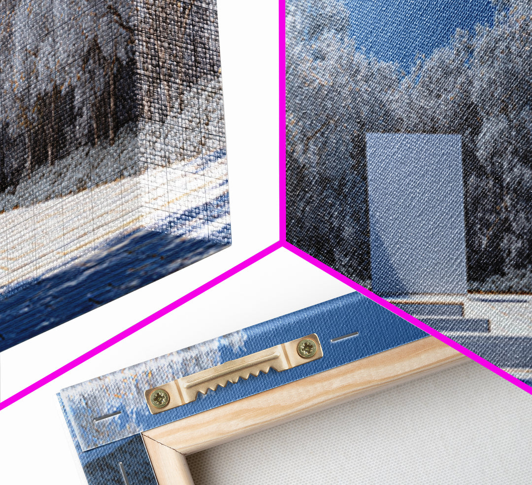 Snowy Minimal Monument Wall Art, Winter Forest Landscape Canvas, Blue White Modern Home Decor, Serene Scandinavian Print
