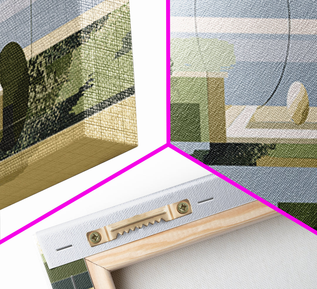 Midcentury Coastal Architecture Wall Art, Olive Green Geometric Landscape, Modern Abstract Decor, Minimalist Canvas Print