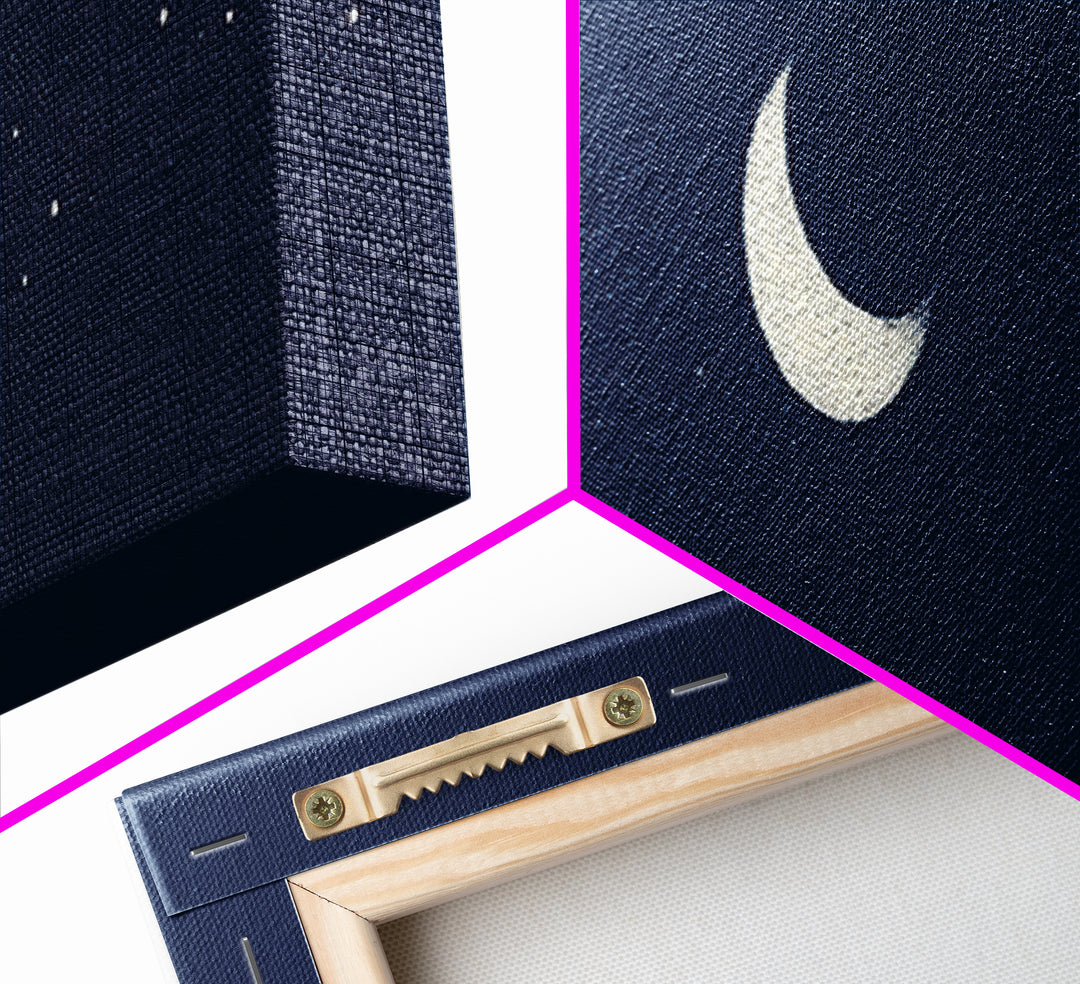 Minimal Navy Crescent Moon Wall Art, Tiny Star Night Sky Canvas, Scandinavian Modern Decor, Celestial Bedroom Art Print Gift