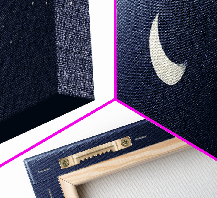 Minimal Navy Crescent Moon Wall Art, Tiny Star Night Sky Canvas, Scandinavian Modern Decor, Celestial Bedroom Art Print Gift