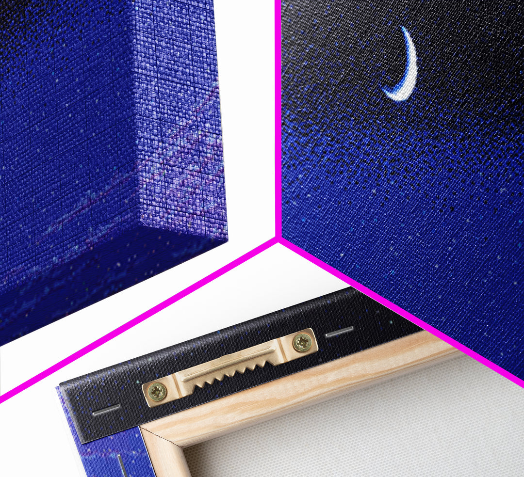Purple Blue Crescent Moon Wall Art, Starry Horizon Night Sky Canvas, Cosmic Retro Decor, Boho Celestial Bedroom Art Print