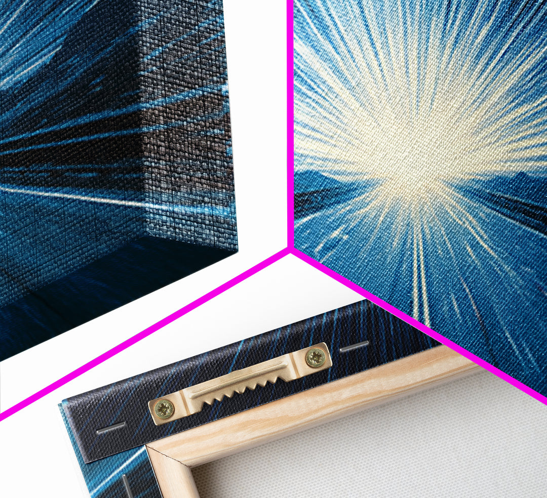 Electric Cyan Light Burst Canvas Print, Sci Fi Retro Wall Art, Modern Abstract Art, Blue Geometric Decor For Office Or Game Room