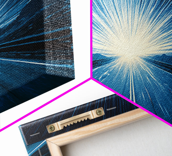 Electric Cyan Light Burst Canvas Print, Sci Fi Retro Wall Art, Modern Abstract Art, Blue Geometric Decor For Office Or Game Room