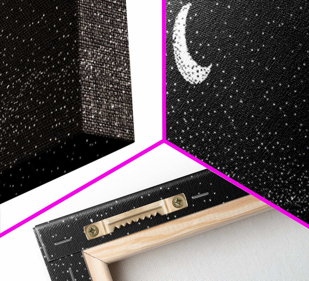 Black Starfield Crescent Moon Wall Art, White Stars Night Sky Canvas, Minimal Celestial Decor, Modern Bedroom Art Print Gift