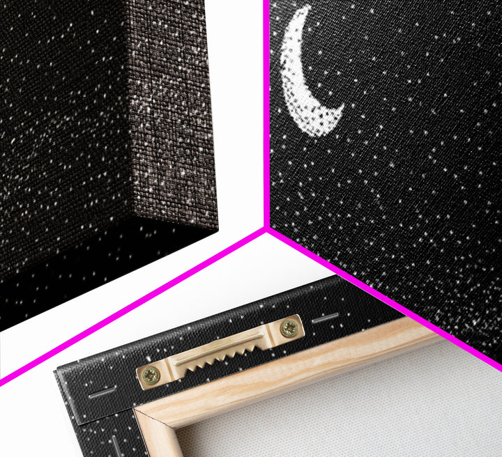 Black Starfield Crescent Moon Wall Art, White Stars Night Sky Canvas, Minimal Celestial Decor, Modern Bedroom Art Print Gift