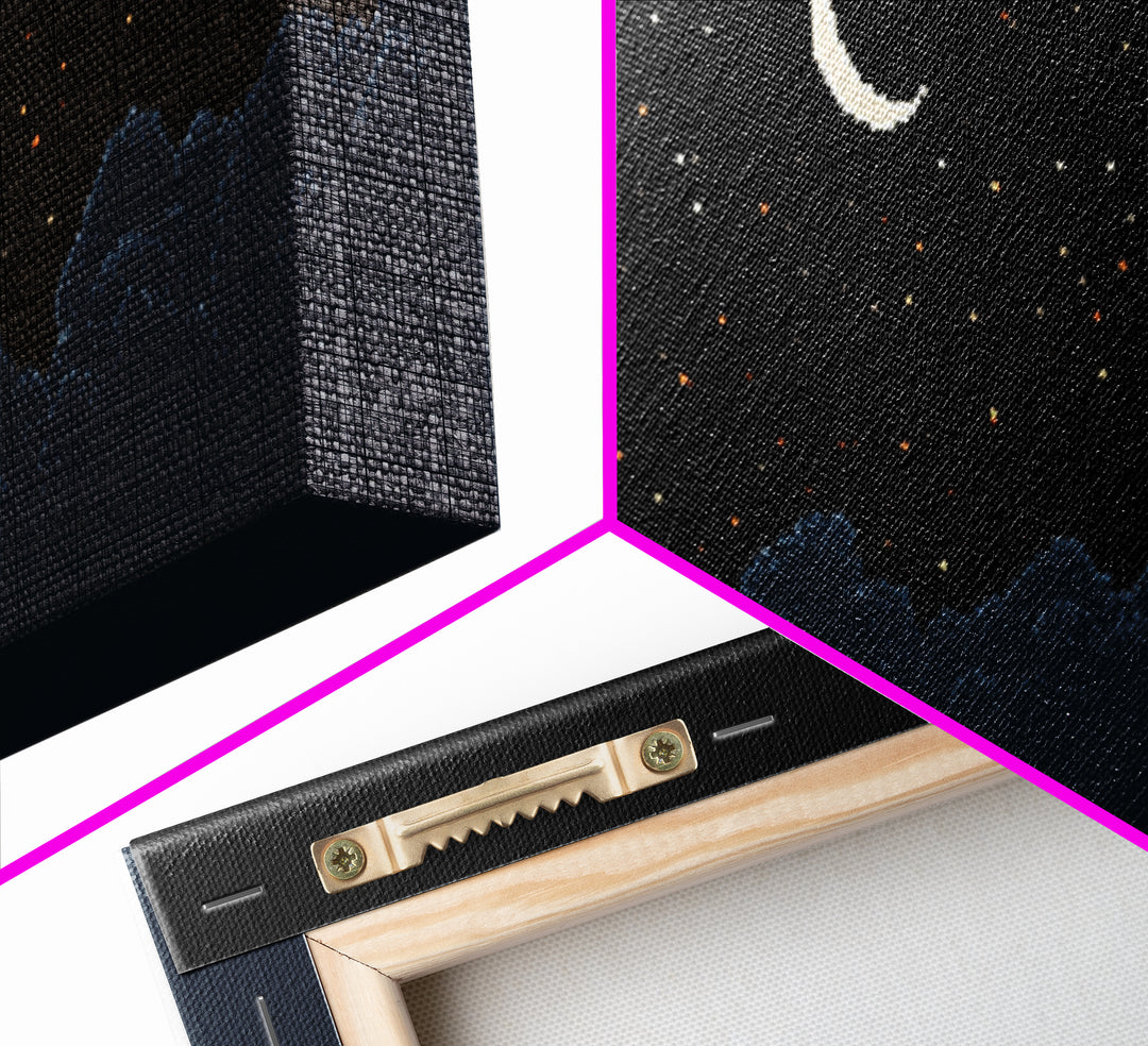 Crescent Moon Starry Night Clouds Wall Art, Pixel Landscape Print, Dark Blue Celestial Decor, Bedroom Office Poster Gift