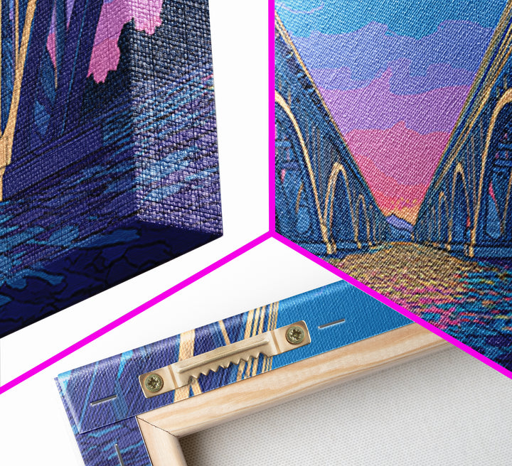 Blue Arch Bridge Sunset Wall Art, Panoramic River Cityscape Print, Modern Architectural Decor, Pink Purple Skyline Poster