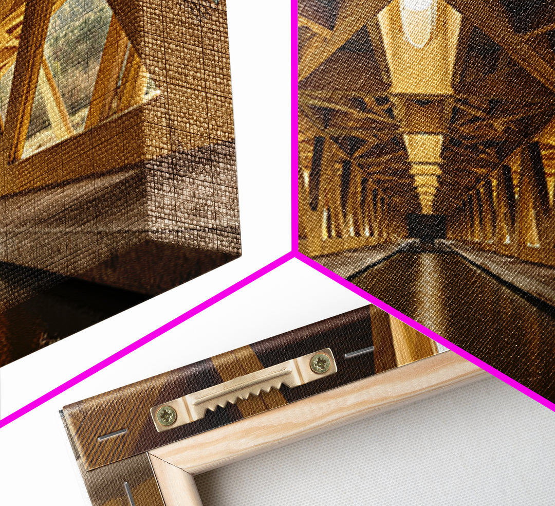 Golden Canal Under Bridge Canvas Print, Symmetrical Architecture Wall Art, Warm Industrial Decor, Modern Perspective Poster
