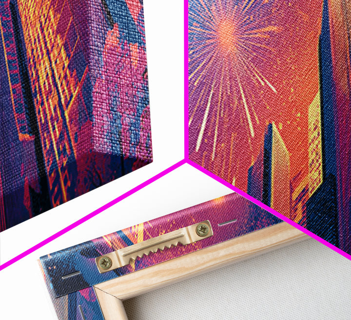 Fireworks Over Skyscrapers Canvas Print, Neon City Night Wall Art, Retro Futuristic Urban Decor, Bold Architecture Poster
