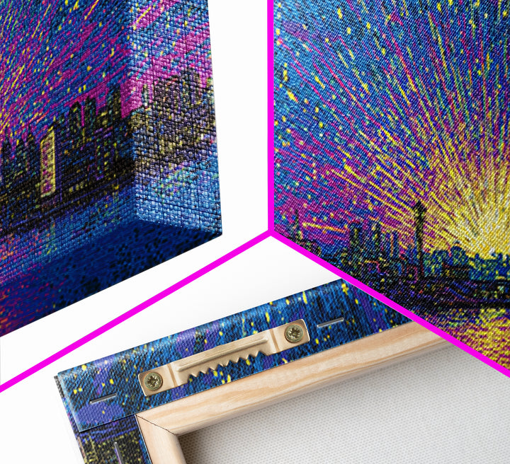 Cosmic Harbor Skyline Sunset Wall Art, Starburst Cityscape Print, Vibrant Blue Purple Decor, Modern Panoramic Poster Gift