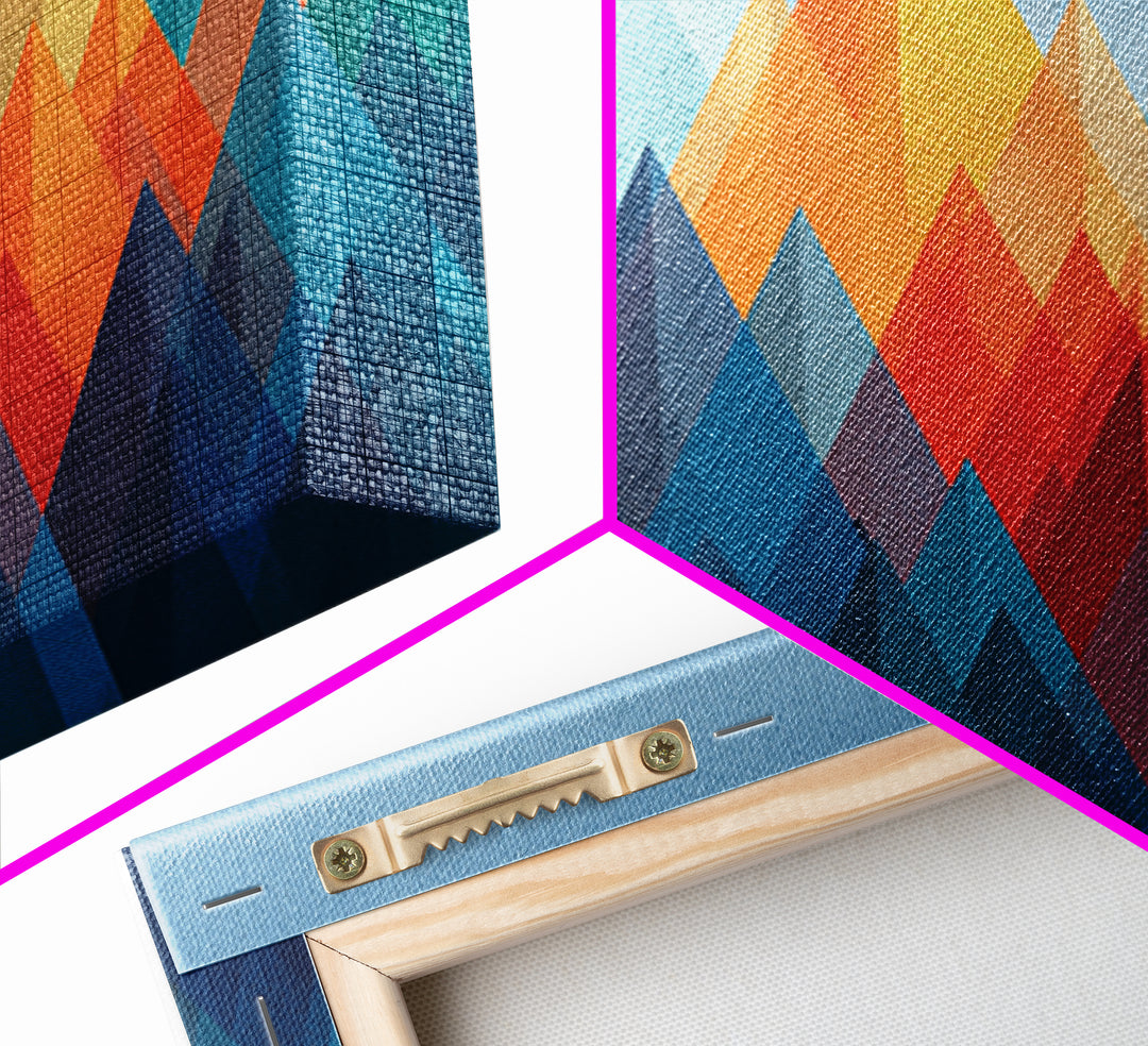 Blue Orange Faceted Mountain Range Framed Canvas Print, Mid Century Modern Abstract Art, Geometric Wall Decor Poster For Living Room