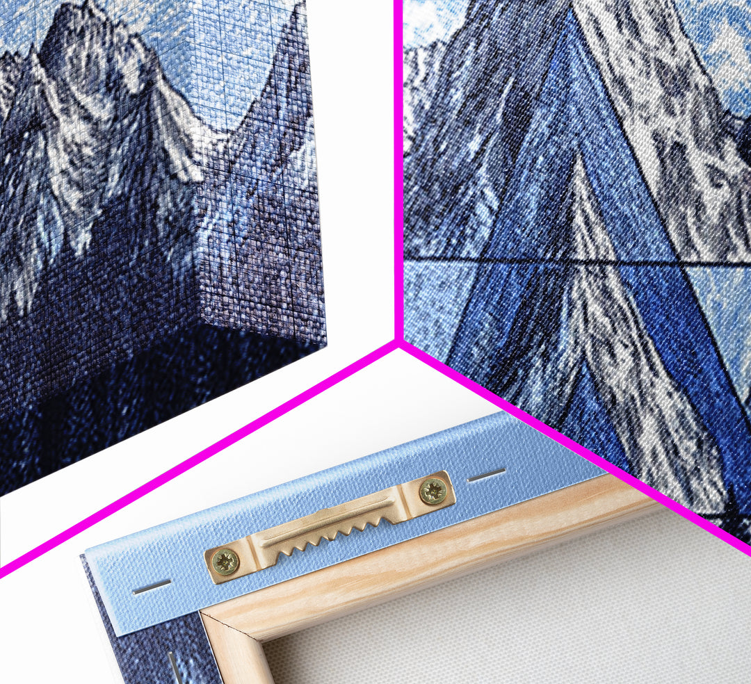 Snowy Alpine Mountain Sketch Wall Art, Blue White Landscape Print, Modern Geometric Poster, Office And Living Room Decor