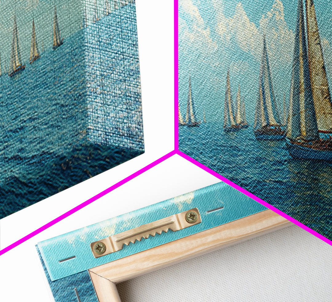 Impressionist Sailboat Fleet Canvas Print, Coastal Wall Art, Blue Ocean Landscape Poster, Nautical Decor For Living Room