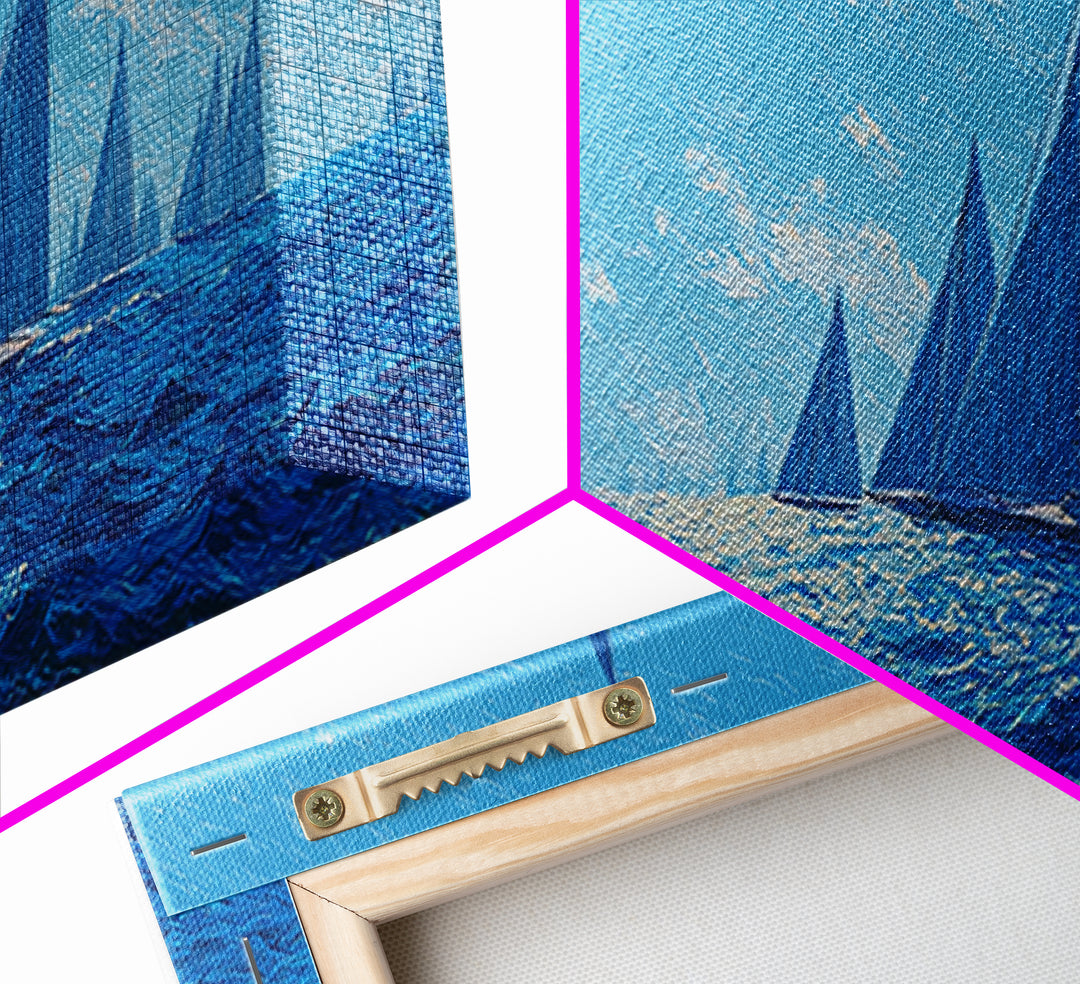Deep Blue Sailboat Horizon Framed Canvas Print, Coastal Wall Art, Nautical Ocean Decor, Modern Landscape Poster For Office