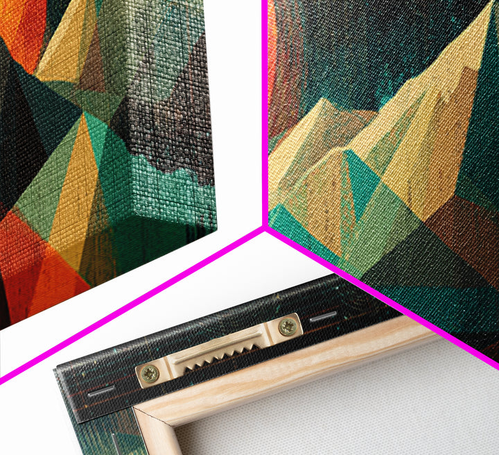 Geometric Mountain Suns Framed Canvas Print, Midcentury Modern Wall Art, Teal Orange Abstract Decor, Retro Landscape Poster
