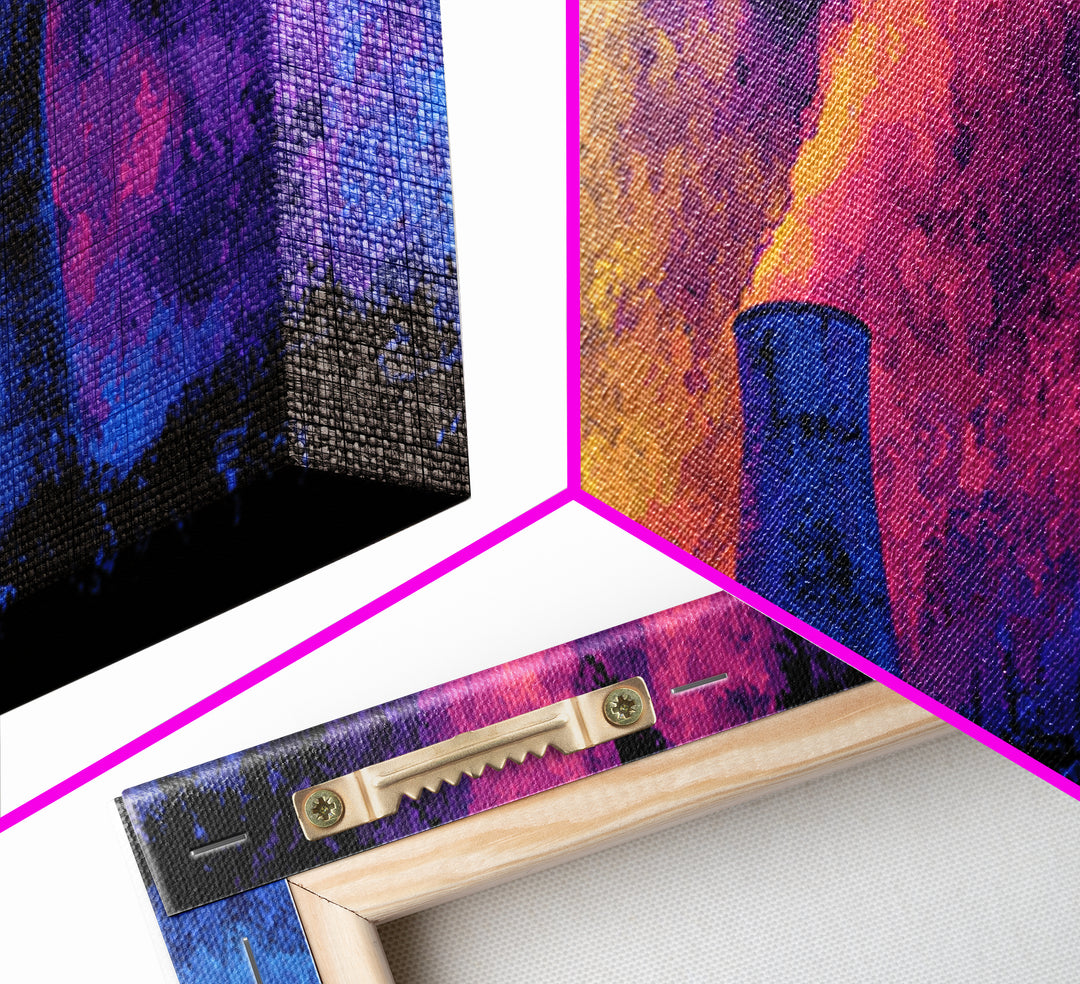 Blue Nuclear Towers With Neon Smoke Framed Canvas Print, Retro Sci Fi Industrial Wall Art, Colorful Modern Abstract Decor