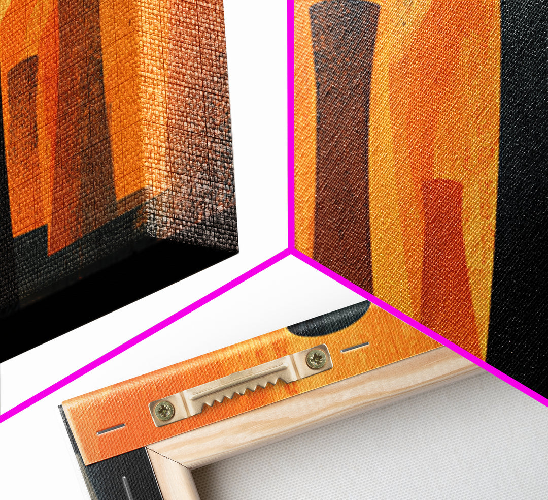 Black Cooling Tower Silhouettes In Orange Heat Canvas Print, Midcentury Modern Industrial Wall Art, Bold Atomic Decor Poster
