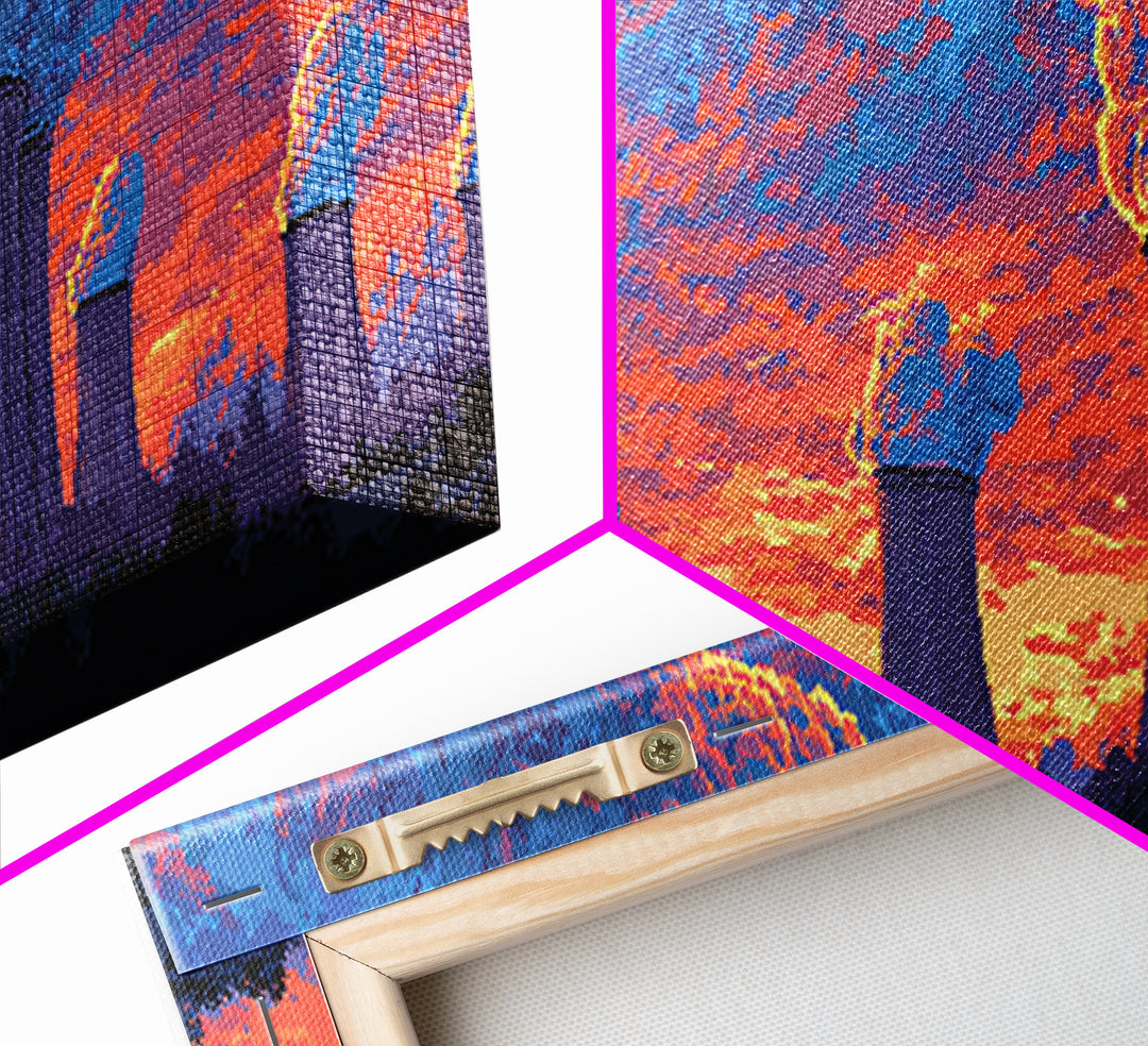 Purple Cooling Towers Under Fiery Sunset Framed Canvas Print, Retro Industrial Wall Art, Colorful Modern Landscape Decor