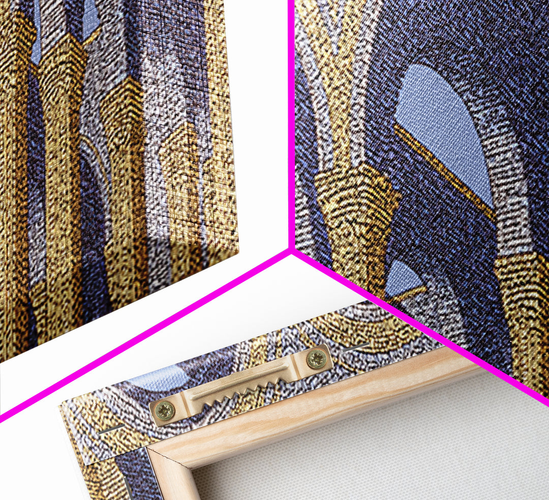 Golden Blue Moorish Arches Framed Canvas Print, Architectural Wall Art, Mediterranean Decor, Elegant Colonnade Poster Gift