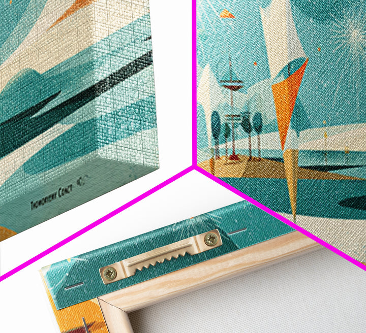 Retro Abstract Beach Waves Canvas Print, Atomic Coastal Wall Art, Midcentury Modern Decor, Orange Teal Poster For Beach House