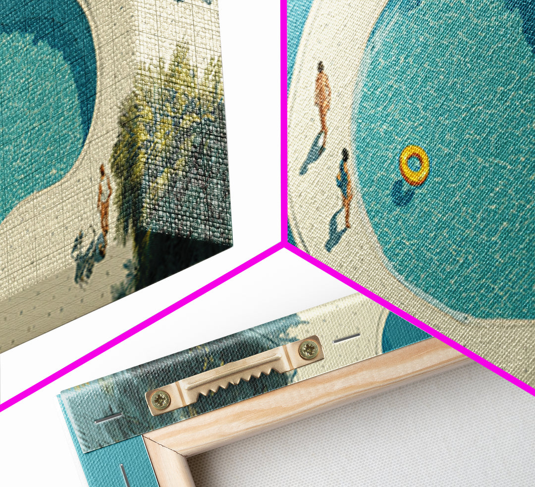 Aerial Turquoise Pool Beside Blue Water Canvas Print, Minimalist Wall Art, Midcentury Modern Decor, Coastal Resort Poster