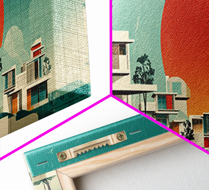 Modernist White Villas With Orange Sun Wall Art, Mid Century Modern Architecture, Palm Springs Decor, Teal Panoramic Print