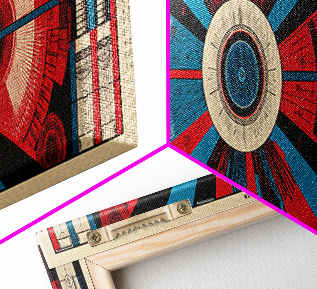 Red And Blue Technical Mandala Wall Art, Mid Century Abstract Geometric Poster, Atomic Modern Decor, Panoramic Canvas Print