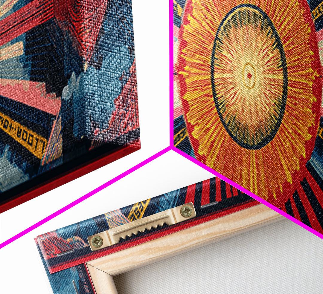 Cosmic Golden Sunburst Space Chart Wall Art, Mid Century Modern Abstract, Atomic Retro Poster, Blue Red Panoramic Canvas Print