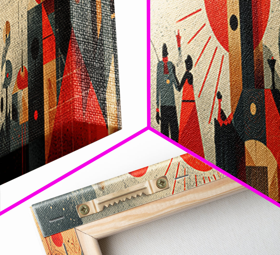 Geometric Red Sun City With Figures Wall Art, Mid Century Modern Abstract Poster, Bauhaus MCM Decor, Panoramic Canvas Print