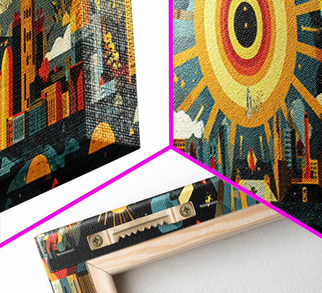 Atomic City Skyline Under Giant Sun Wall Art, Mid Century Modern Urban Poster, Retro Modern Home Decor, Panoramic Canvas Print