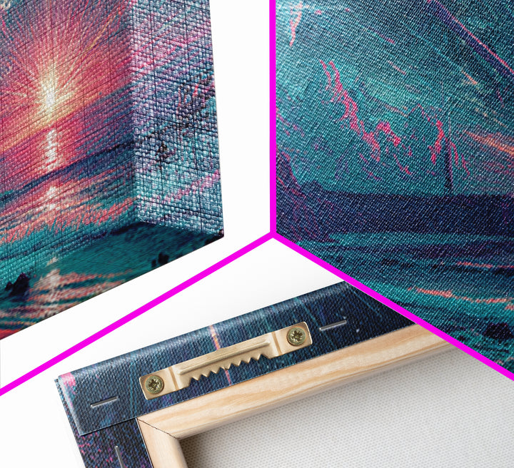 Futuristic Neon Beach Sunset With Star Trails, Sci Fi Coastal Wall Art, Retro Modern Poster, Space Abstract Art Print Decor