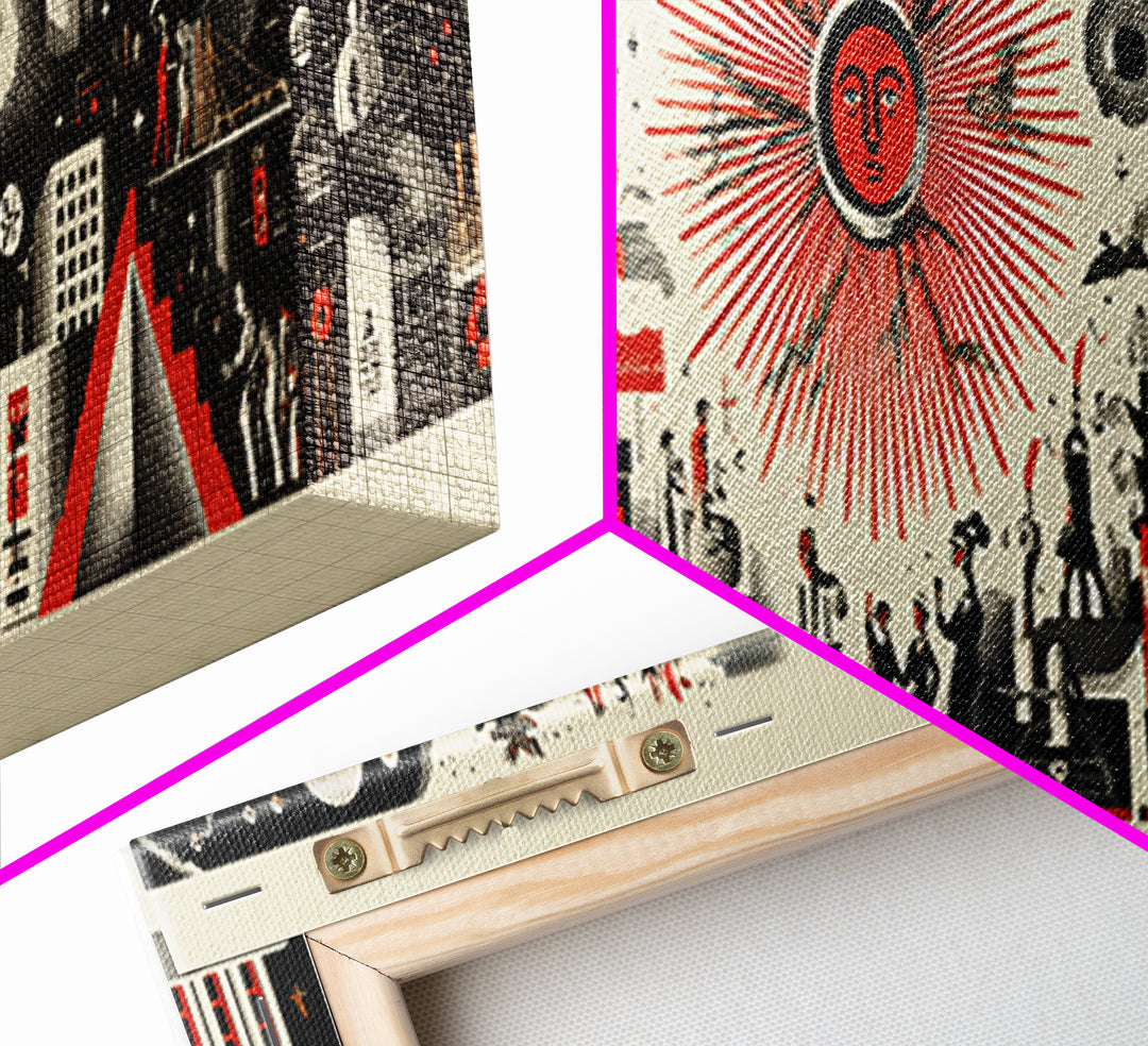 Surreal Red Sun Town Collage Wall Art, Mid Century Modern Folk Abstract Poster, Black Cream Retro Decor, Panoramic Canvas Print