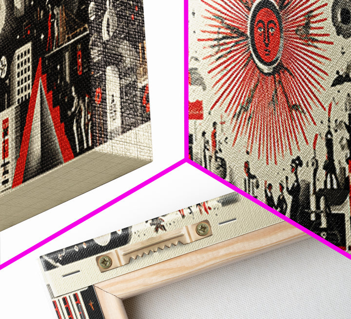 Surreal Red Sun Town Collage Wall Art, Mid Century Modern Folk Abstract Poster, Black Cream Retro Decor, Panoramic Canvas Print
