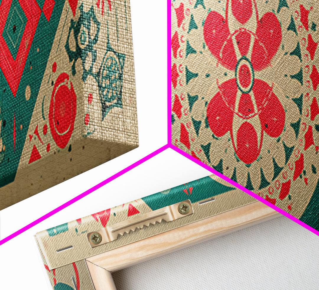 Red Green Mandala Flowers And Diamonds Canvas Print, Geometric Wall Art, Midcentury Modern Decor, Retro Pattern Poster, Home Decor
