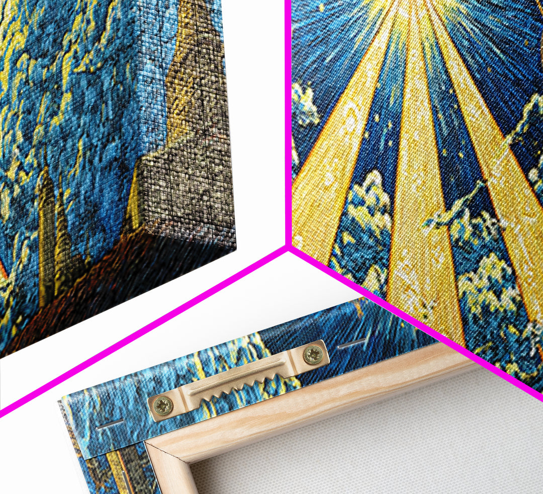 Golden Light Beams Through Clouds Framed Canvas Print, Spiritual Wall Art, Midcentury Modern Poster, Celestial Decor, Sci Fi Wall Decor