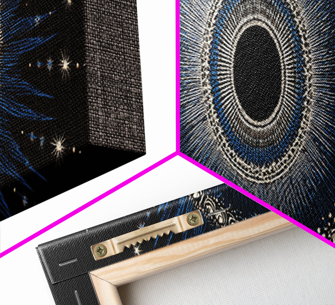 Blue Celestial Eclipse Wall Art, Art Deco Sunburst Mandala, Modern Abstract Print, Gothic Cosmic Framed Canvas Print Decor