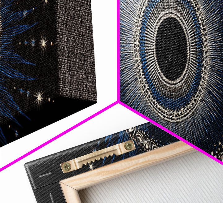 Blue Celestial Eclipse Wall Art, Art Deco Sunburst Mandala, Modern Abstract Print, Gothic Cosmic Framed Canvas Print Decor