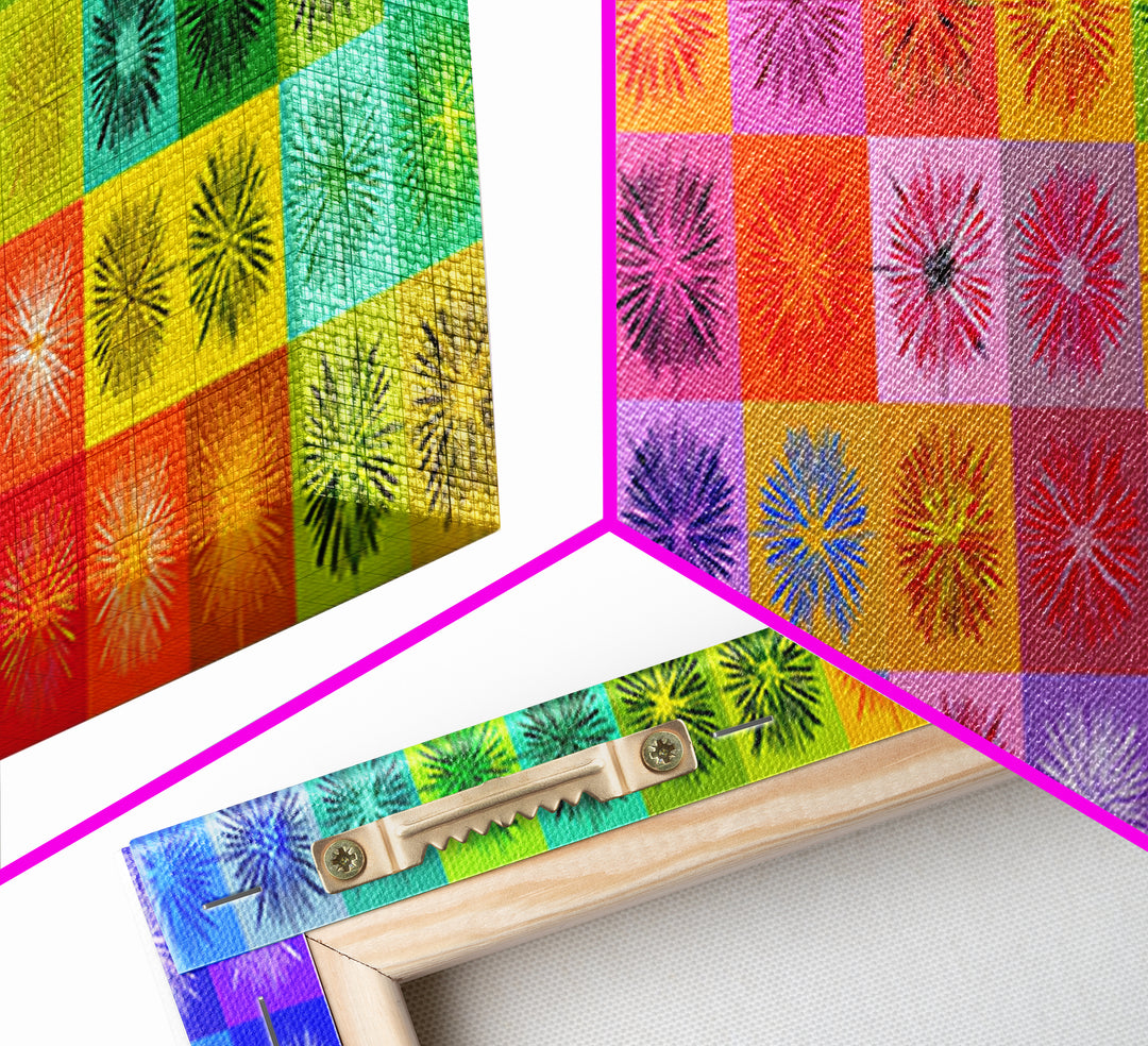 Colorful Pop Art Starburst Grid Wall Art, Retro Geometric Poster, Midcentury Modern Decor, Bright Abstract Canvas Print Set
