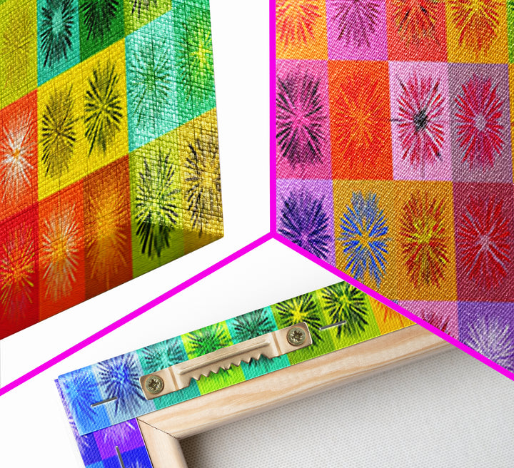 Colorful Pop Art Starburst Grid Wall Art, Retro Geometric Poster, Midcentury Modern Decor, Bright Abstract Canvas Print Set