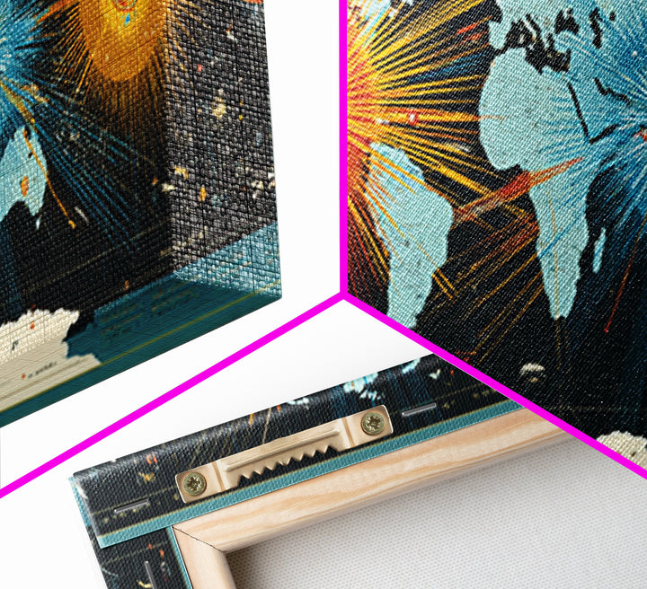 World Map Sunburst Network With Celestial Nodes, Canvas Print, Modern Wall Art, Geographic Abstract Poster For Office Decor