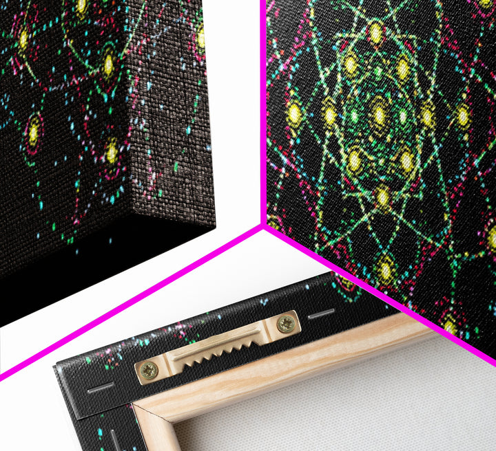 Neon Atomic Mandala Wall Art, Mid Century Modern Space Decor, Retro Science Poster, Psychedelic Geometric MCM Print, Black Wall Decor