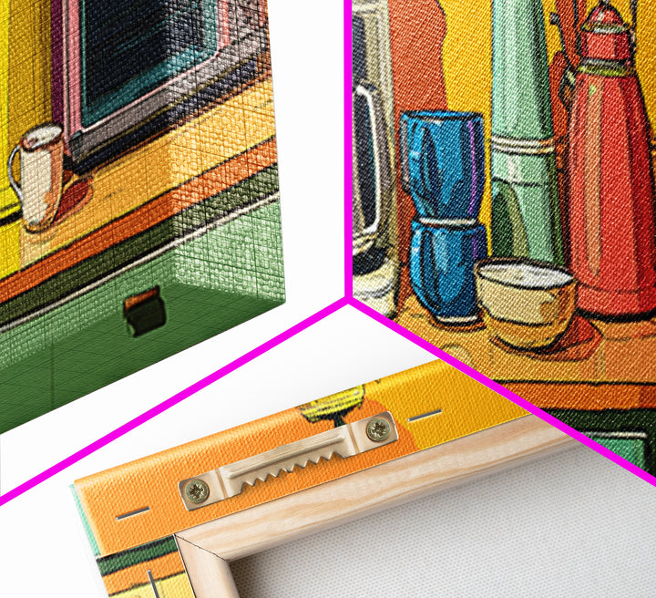 Orange Countertop Coffee Appliances Wall Art, Mid Century Modern Kitchen Print, Retro Toaster Kettle Decor, MCM Poster Print