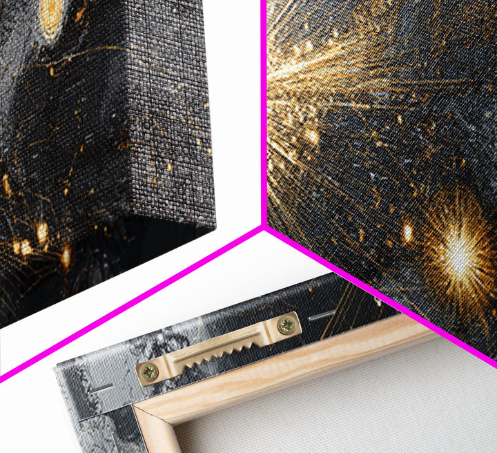 Gold And Charcoal World Map With Radiant Network Lights, Wall Art, Modern Abstract Art Print, Office Decor Statement Poster
